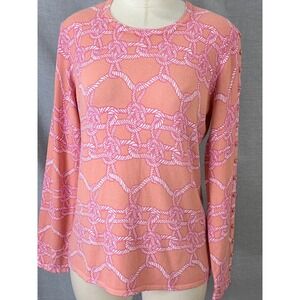J. McLaughlin Melanie Crew Neck Rope Knot Print Sweater Coral Pink White NWT L